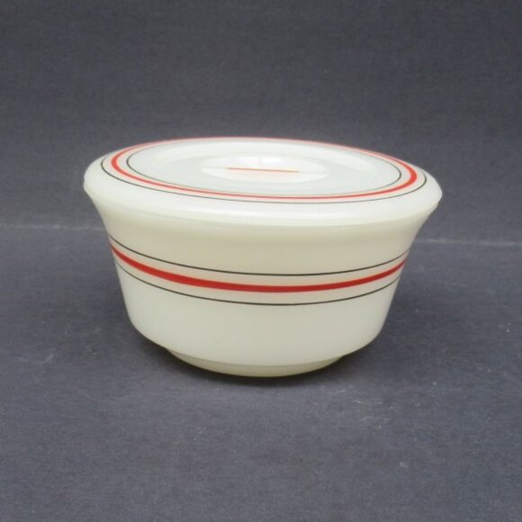 Hazel Atlas White with Red and Black Striped 5 Inch REFRIGERATOR Dish with Lid - Picture 2 of 4